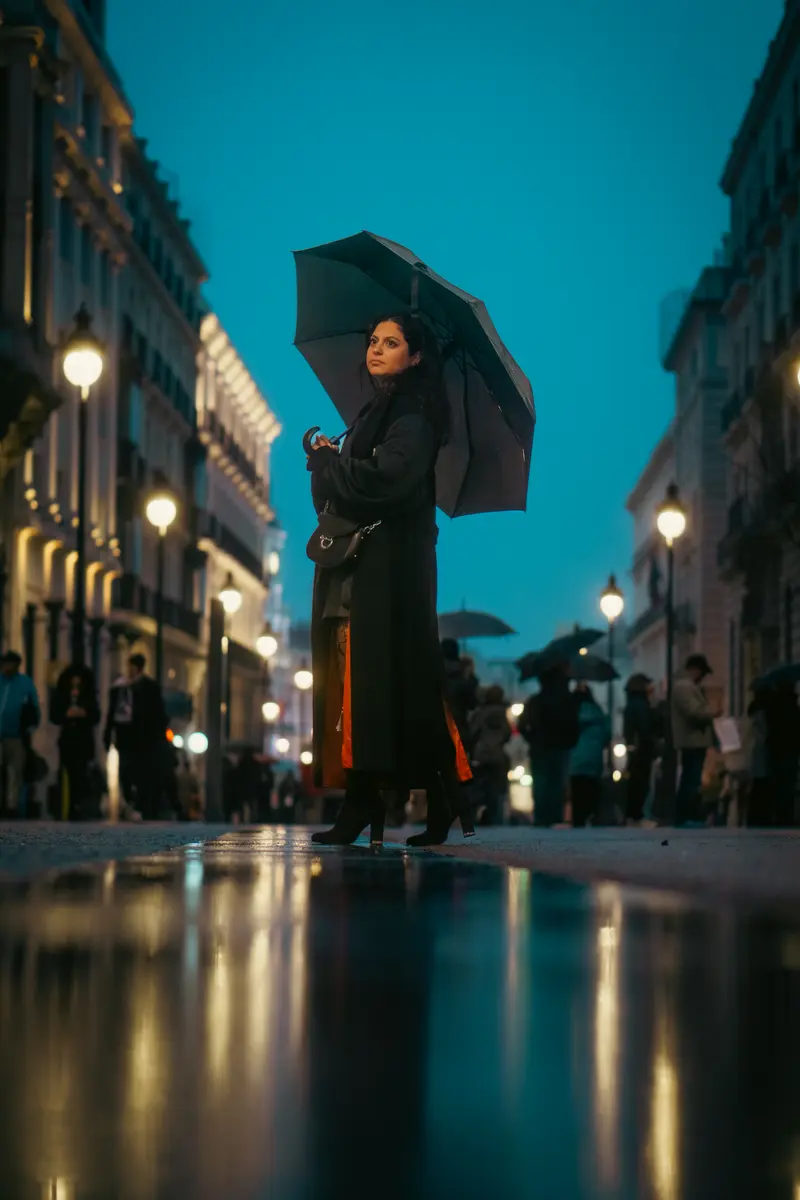 A woman with an umbrella at blue hour on a rainy Madrid street