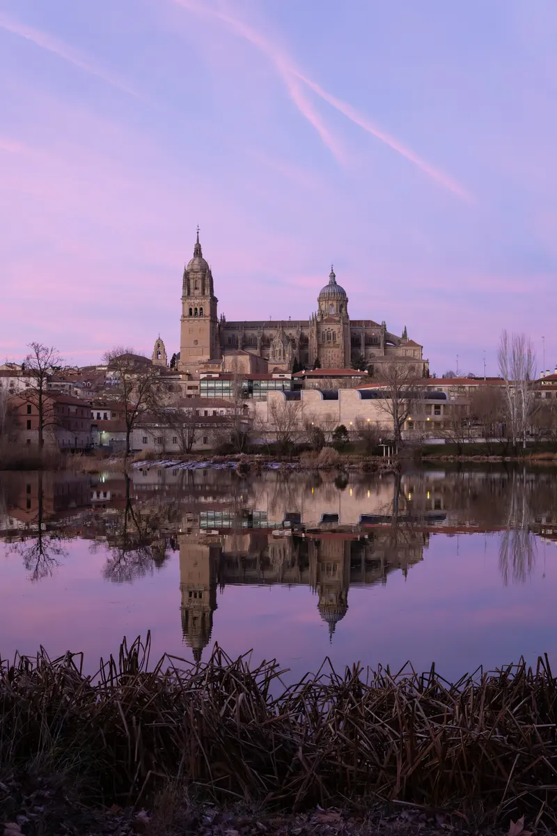 Salamanca Cathedral at dusk reflected in the river Tormes